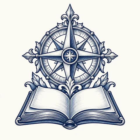 Compass rose above an open book for a personal crest